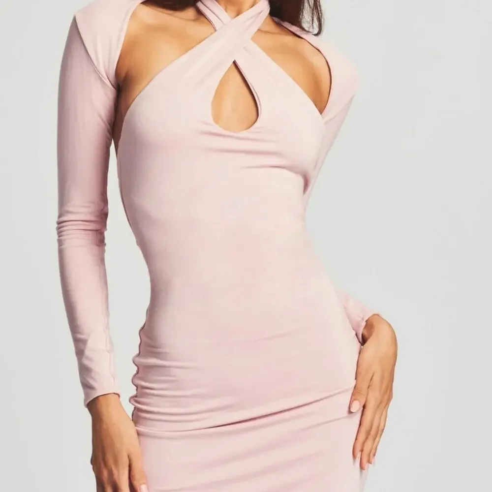 SER.O.YA Lana Two Piece Dress Set Pink Halter Mini Shrug NWT Revolve Large New